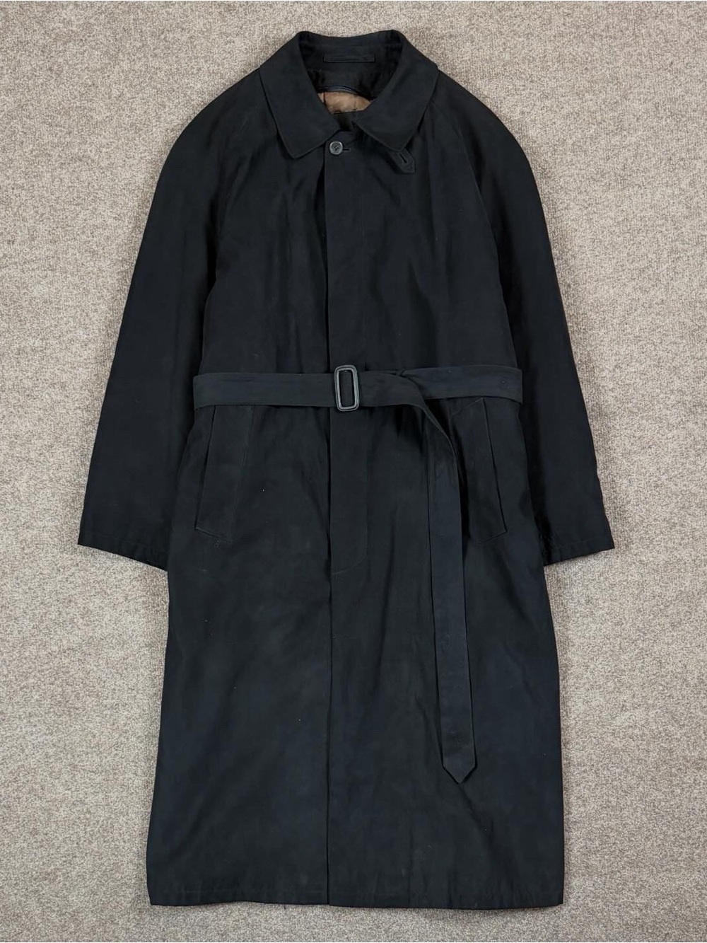 Vintage Bill Blass Black Long Microsuede Belted Trench Coatโ Menโs 44 XL Lined